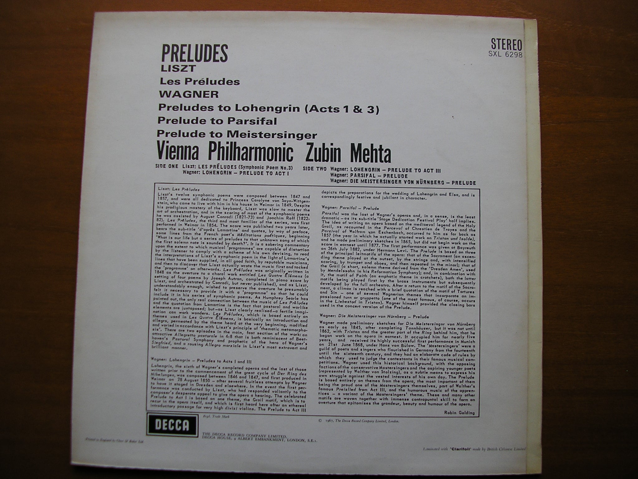 SXL 6298  LISZT: LES PRELUDES / WAGNER: PRELUDES to Lohengrin / Parsifal / Meistersinger       MEHTA / VIENNA PHILHARMONIC    ED2