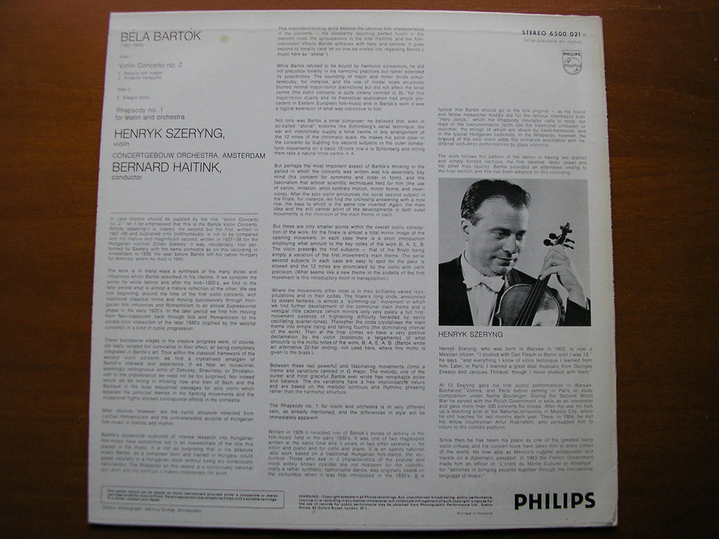 BARTOK: VIOLIN CONCERTO No. 2 / RHAPSODY No. 1      SZERYNG / CONCERTGEBOUW / HAITINK    6500 021