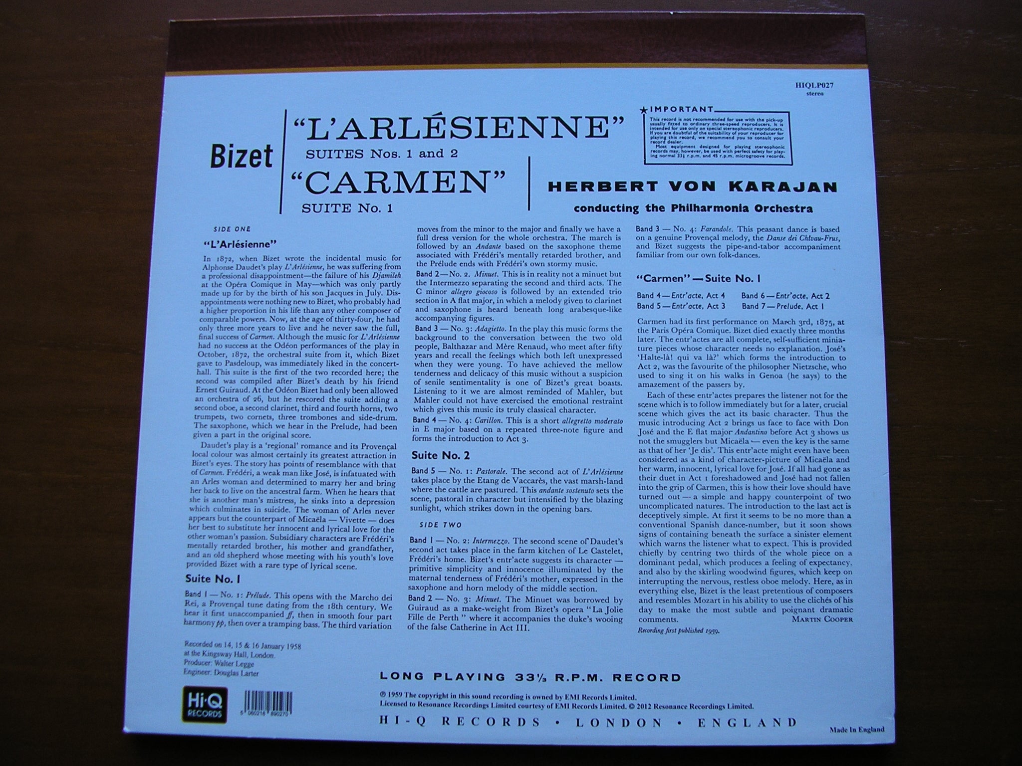 BIZET: L'ARLESIENNE Suites Nos. 1 & 2 / CARMEN Suite No. 1    KARAJAN / PHILHARMONIA   HIQLP027