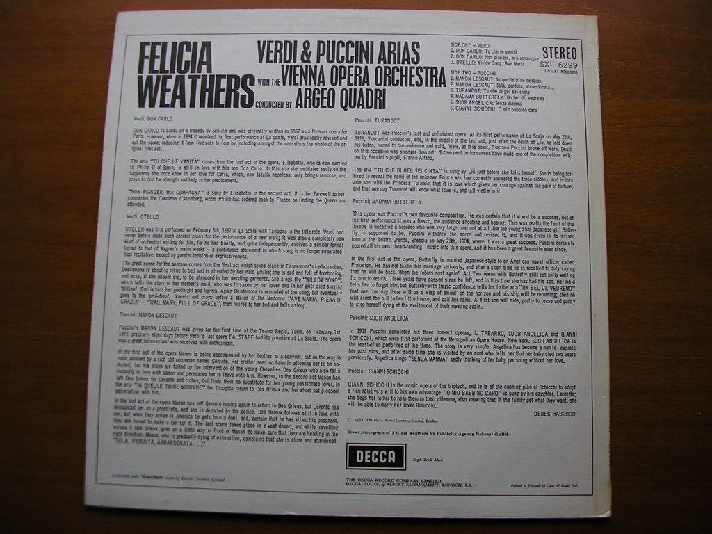 FELICIA WEATHERS SINGS VERDI & PUCCINI ARIAS      VIENNA OPERA ORCHESTRA / QUADRI    ED2