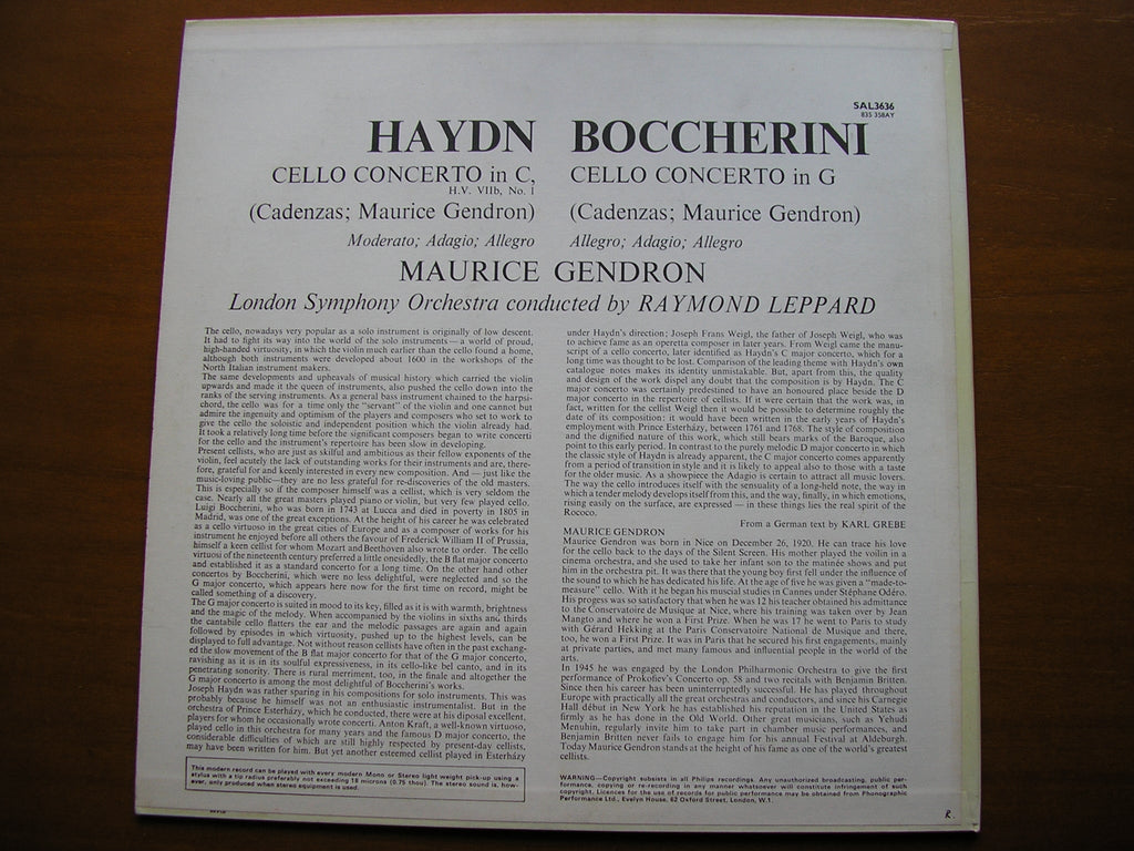 HAYDN & BOCCHERINI: CELLO CONCERTOS      GENDRON / LONDON SYMPHONY / LEPPARD     SAL 3636