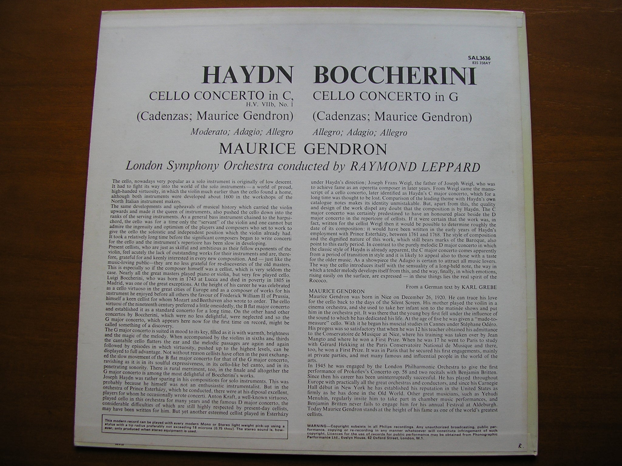 HAYDN & BOCCHERINI: CELLO CONCERTOS      GENDRON / LONDON SYMPHONY / LEPPARD     SAL 3636