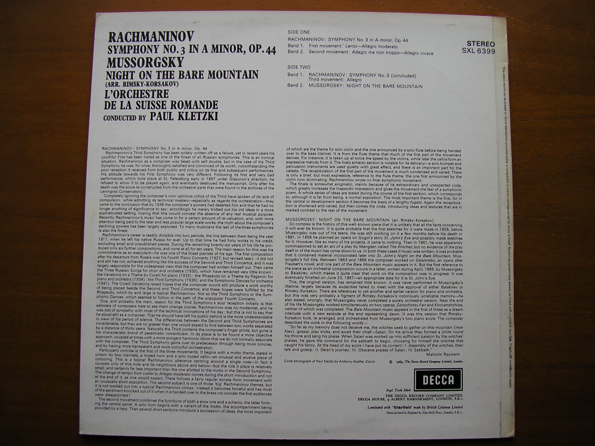 SXL 6399 RACHMANINOV: SYMPHONY No. 3 / MUSSORGSKY: NIGHT ON BARE MOUNTAIN      KLETZKI / SUISSE ROMANDE      ED3