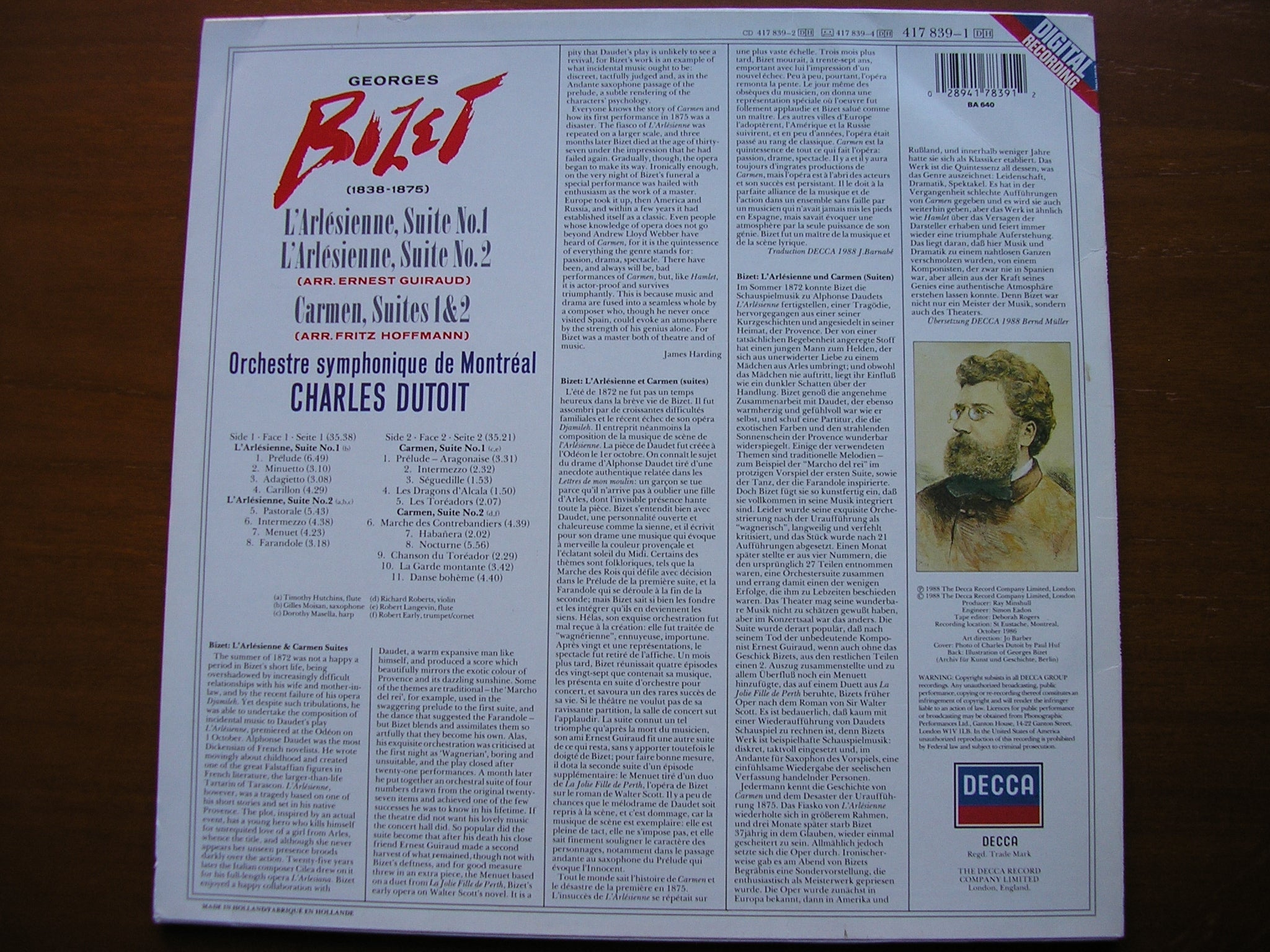 BIZET: L'ARLESIENNE SUITES Nos. 1 & 2 / CARMEN Suites Nos. 1 & 2    DUTOIT / MONTREAL SYMPHONY    417 839