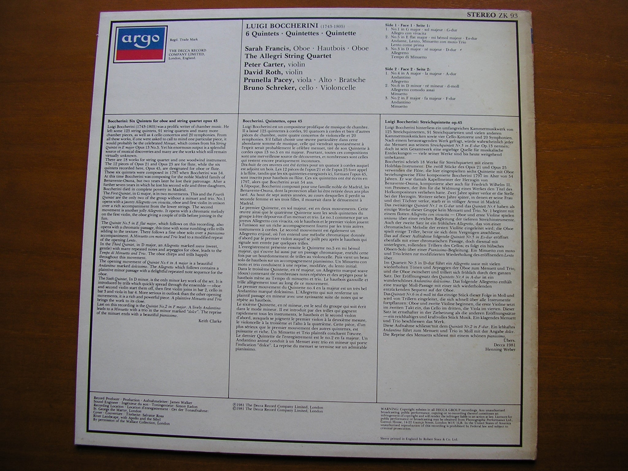 BOCCHERINI: SIX STRING QUINTETS Op. 45      FRANCIS / ALLEGRI STRING QUARTET     ZK 93