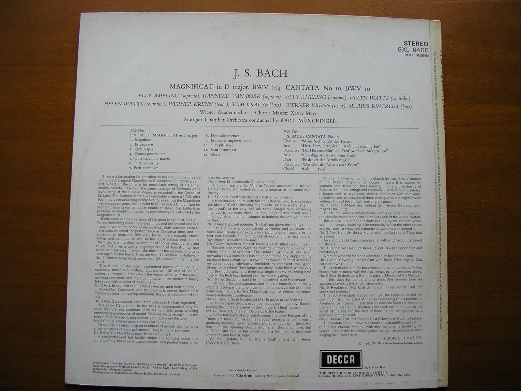 SXL 6400 BACH: MAGNIFICAT in D / CANTATA No. 10      SOLOISTS / STUTTGART CHAMBER ORCHESTRA / MUNCHINGER     ED3