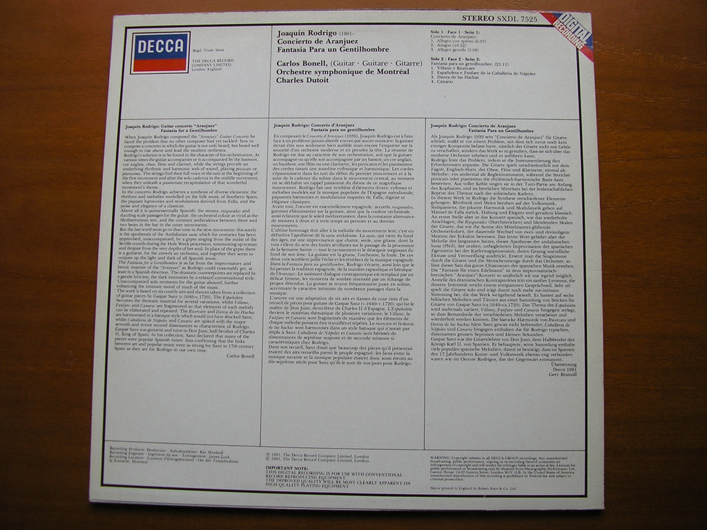 SXDL 7525 RODRIGO: CONCIERTO DE ARANJUEZ / FANTASIA PARA UN GENTILHOMBRE    BONELL / MONTREAL SYMPHONY / DUTOIT
