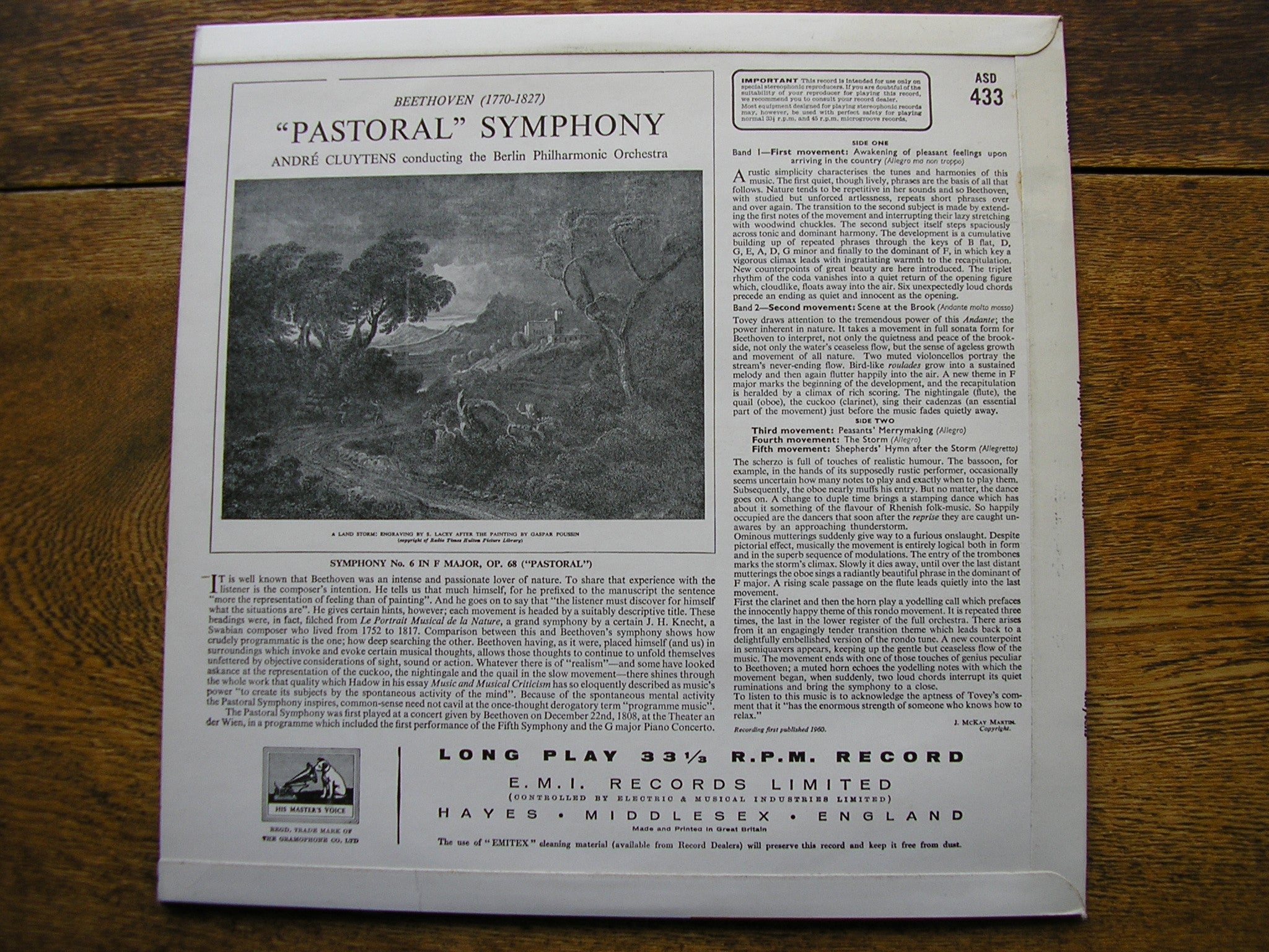 BEETHOVEN: 'PASTORAL' SYMPHONY ANDRE CLUYTENS / BERLIN PHILHARMONIC ORCHESTRA ASD 433