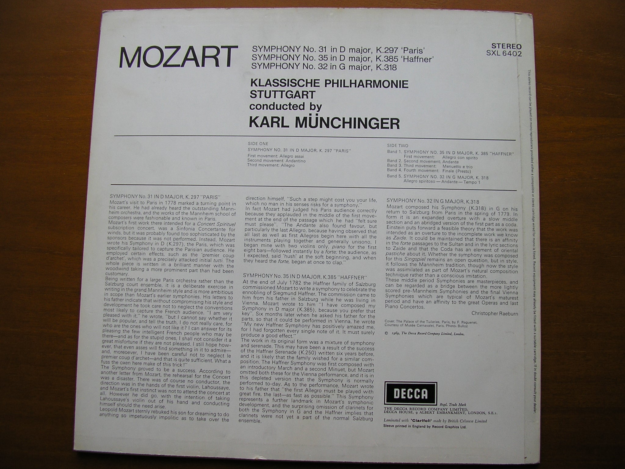 SXL 6402 MOZART: SYMPHONIES Nos. 31 'Paris' / 32 / 35 'Haffner'     MUNCHINGER / STUTTGART CHAMBER ORCHESTRA      ED3