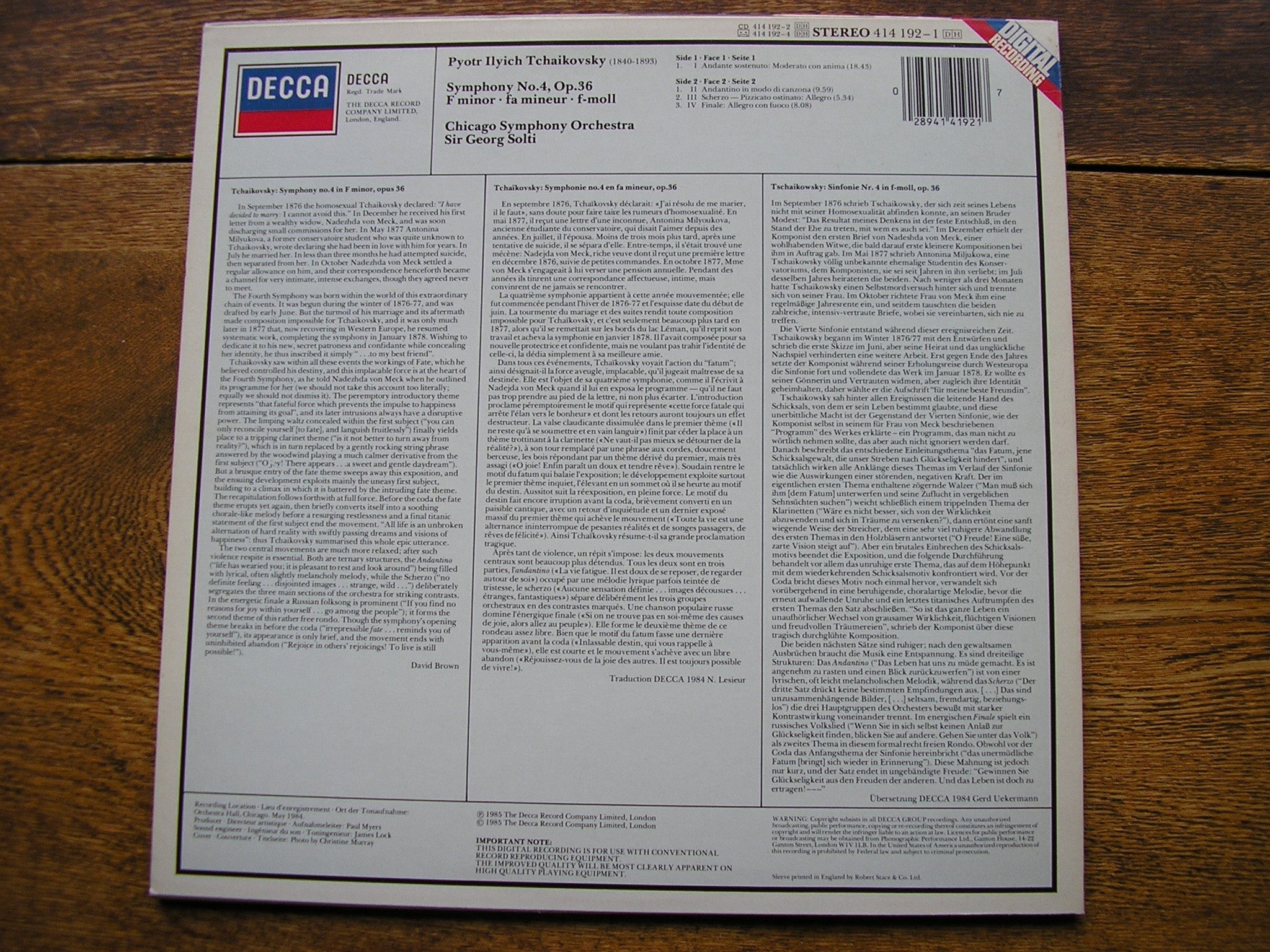 TCHAIKOVSKY: SYMPHONY No. 4    SOLTI / CHICAGO SYMPHONY   414 192
