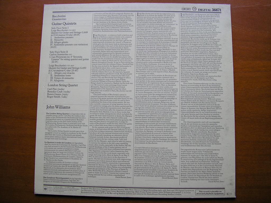 BOCCHERINI: GUITAR QUINTETS G 449 / G 450 / GUSTAVINO: LAS PRESENCIAS No. 6      WILLIAMS / LONDON STRING QUARTET    36671