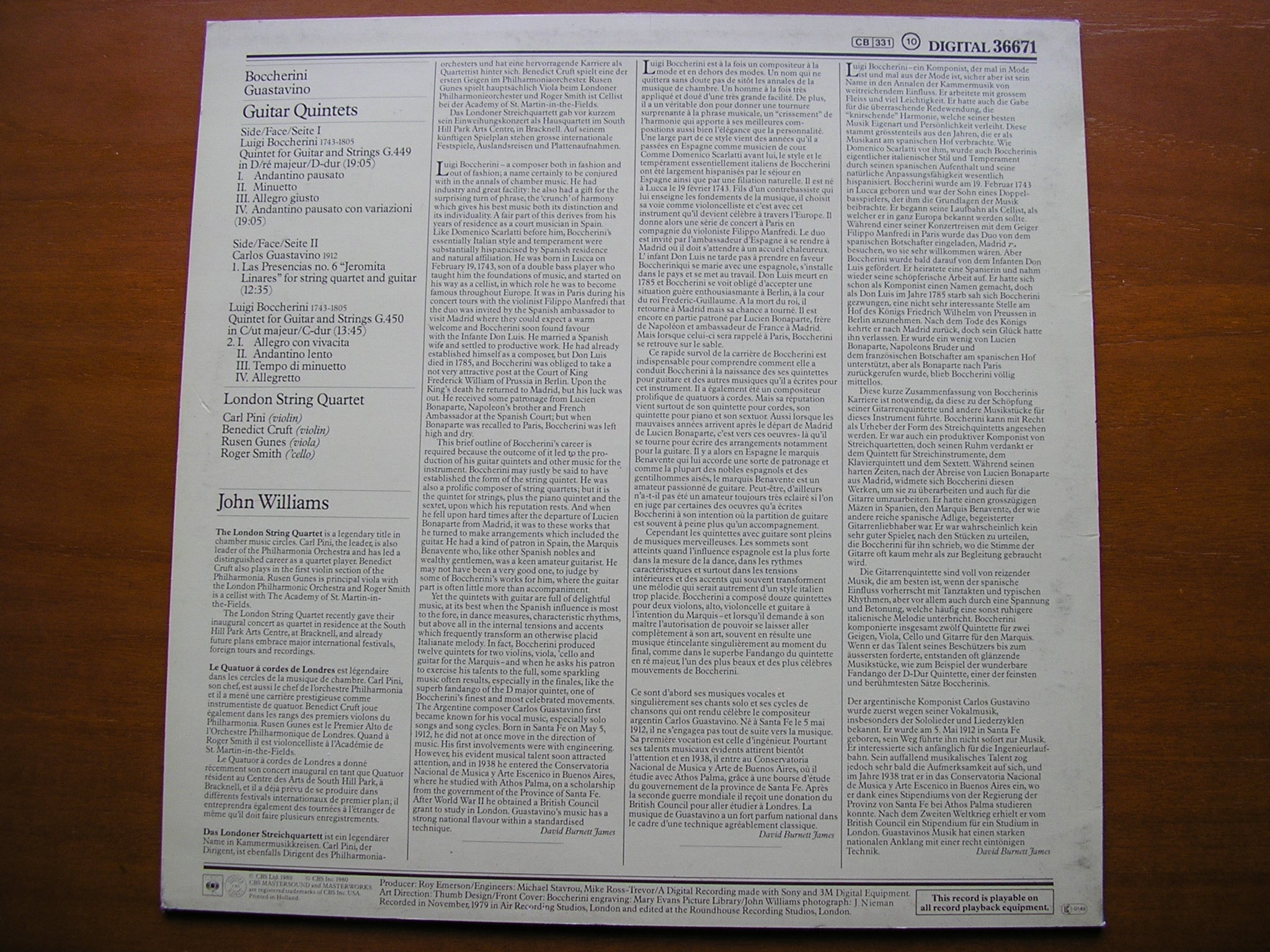 BOCCHERINI: GUITAR QUINTETS G 449 / G 450 / GUSTAVINO: LAS PRESENCIAS No. 6      WILLIAMS / LONDON STRING QUARTET    36671