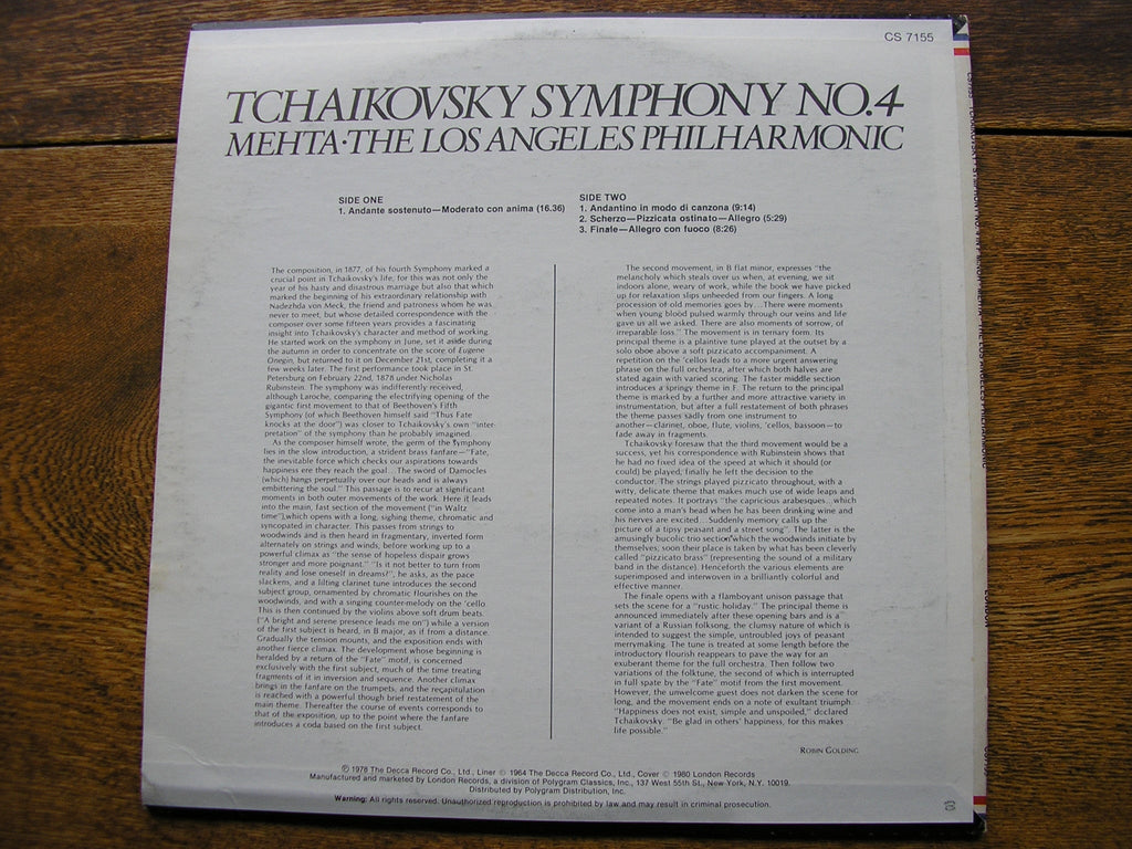 TCHAIKOVSKY: SYMPHONY No. 4   MEHTA / LOS ANGELES PHILHARMONIC   CS 7155