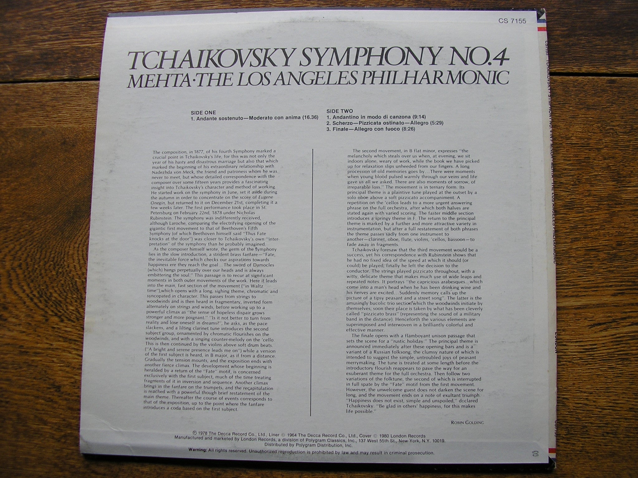TCHAIKOVSKY: SYMPHONY No. 4   MEHTA / LOS ANGELES PHILHARMONIC   CS 7155