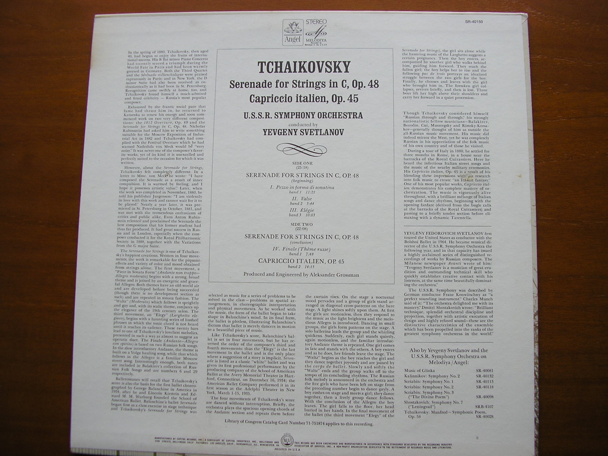TCHAIKOVSKY: CAPRICCIO ITALIEN / SERENADE FOR STRINGS     SVETLANOV / USSR SYMPHONY    SR 401450