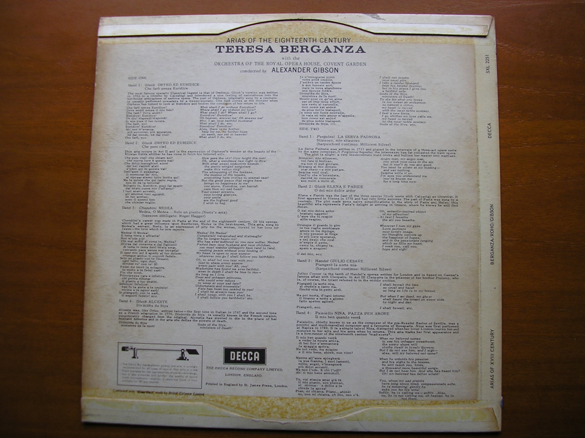 SXL 2251  ARIAS OF THE 18th CENTURY: GLUCK / CHERUBINI / HANDEL / PAISIELLO / PERGOLESI      TERESA BERGANZA / OROHCG / GIBSON     ED 1