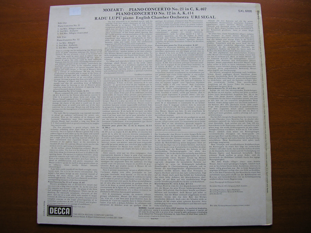 SXL 6698 MOZART: PIANO CONCERTOS Nos. 12 K414 & 21 K467 RADU LUPU / ENGLISH CHAMBER ORCHESTRA / URI SEGAL