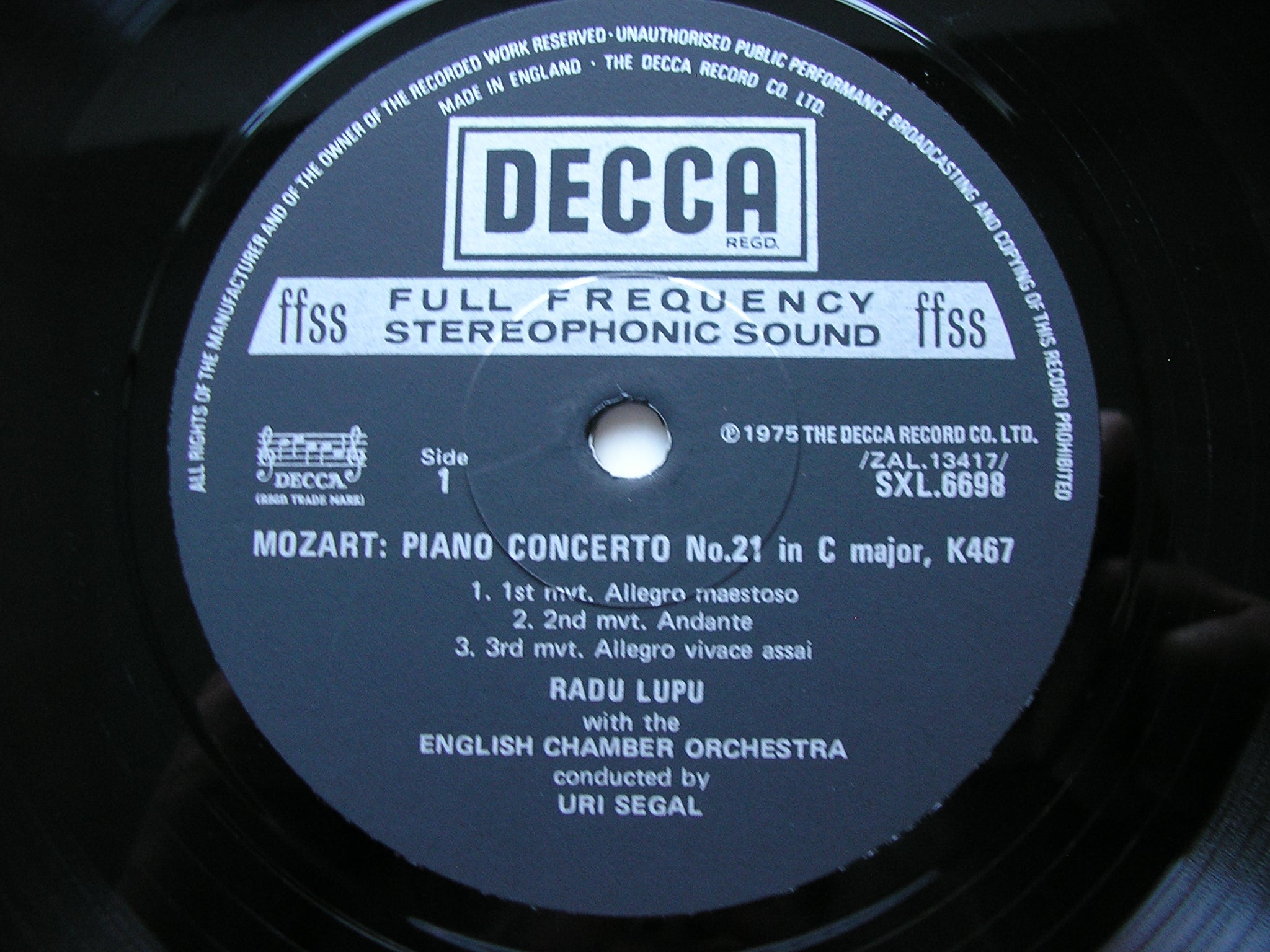 SXL 6698 MOZART: PIANO CONCERTOS Nos. 12 K414 & 21 K467 RADU LUPU / ENGLISH CHAMBER ORCHESTRA / URI SEGAL