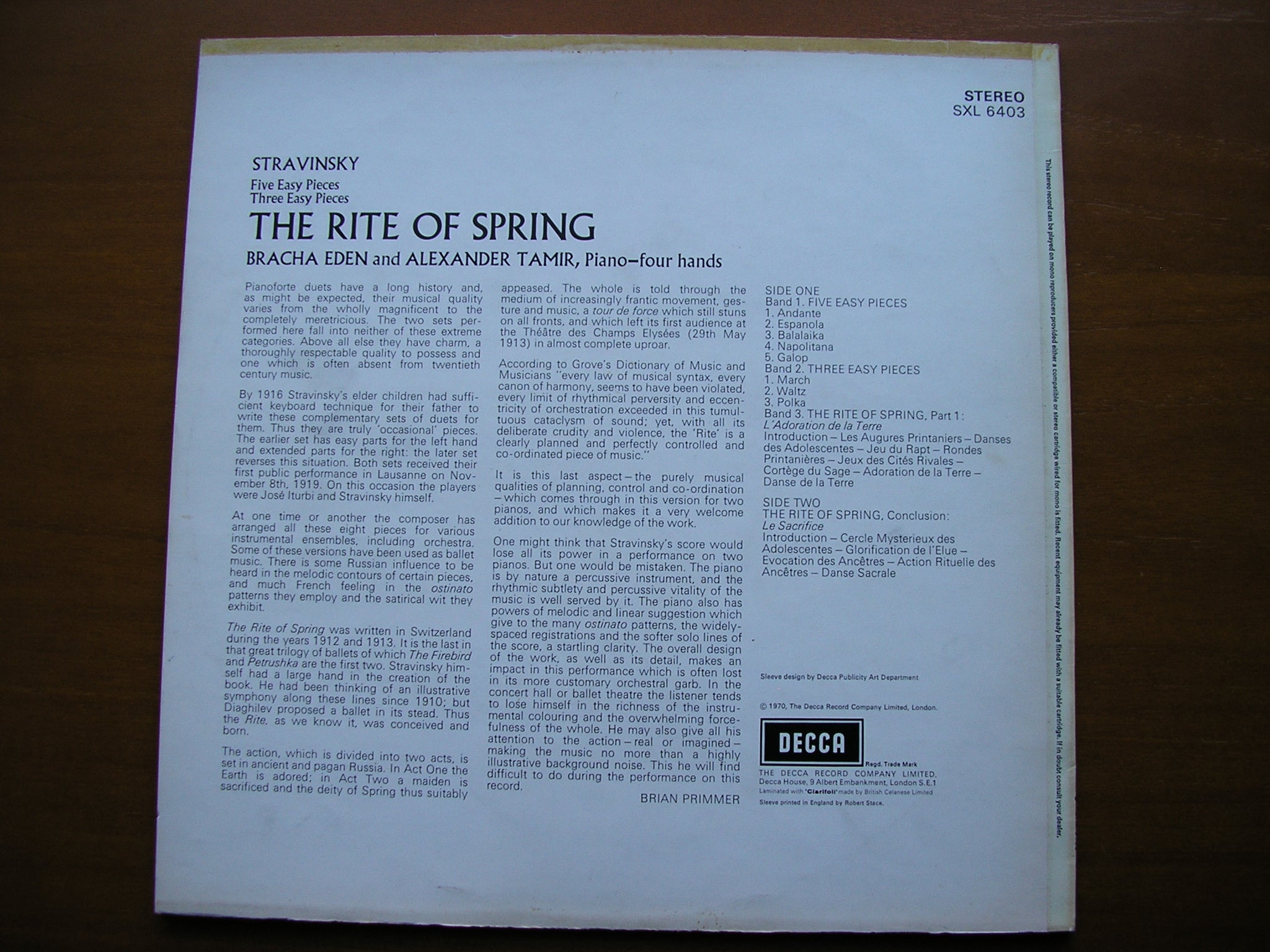 SXL 6403 STRAVINSKY: THE RITE OFSPRING / FIVE EASY PIECES / THREE EASY PIECES    EDEN & TAMIR      ED3