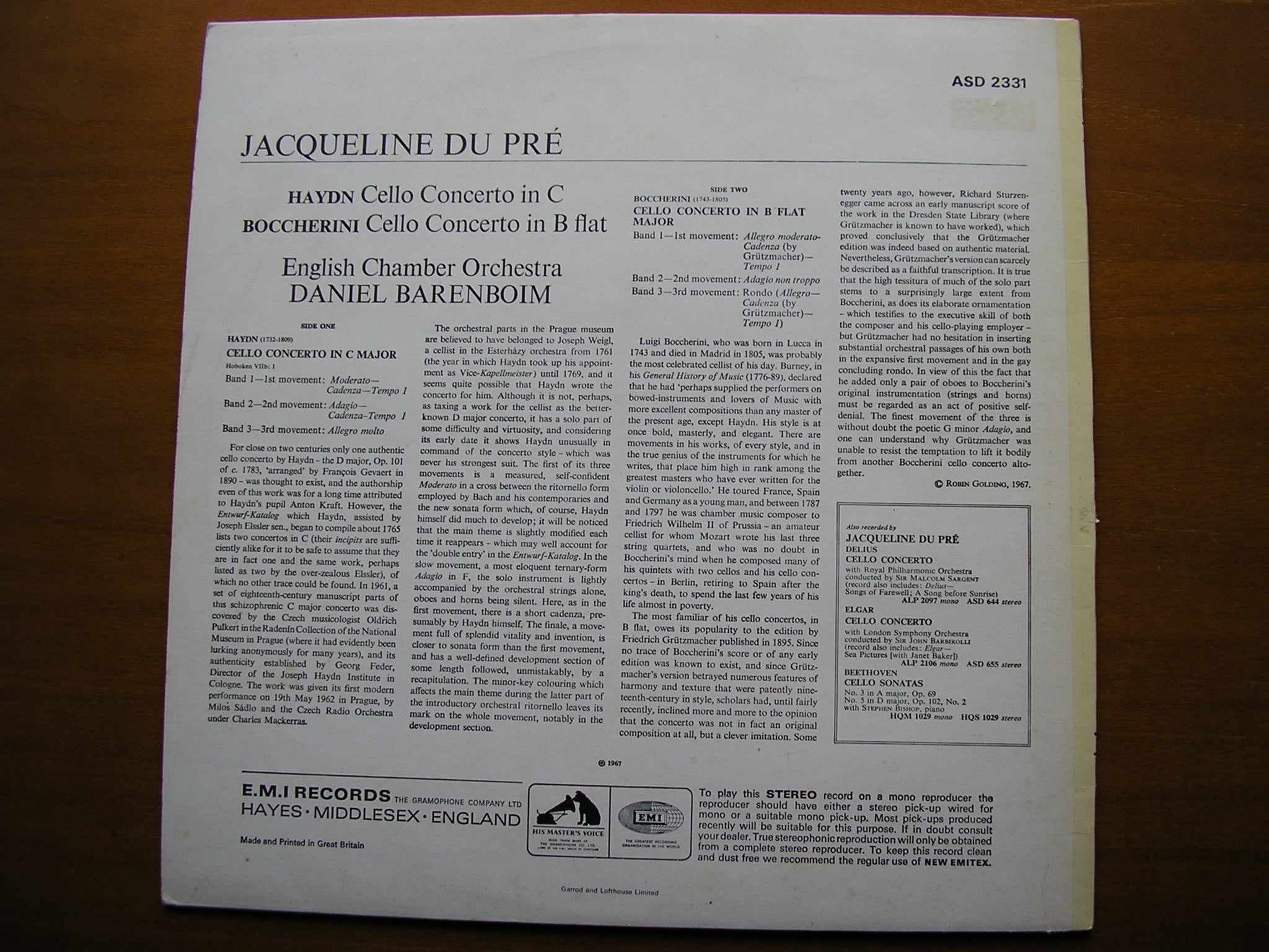 HAYDN & BOCCHERINI: CELLO CONCERTOS      DU PRE / ENGLISH CHAMBER ORCHESTRA / BARENBOIM     ASD 2331