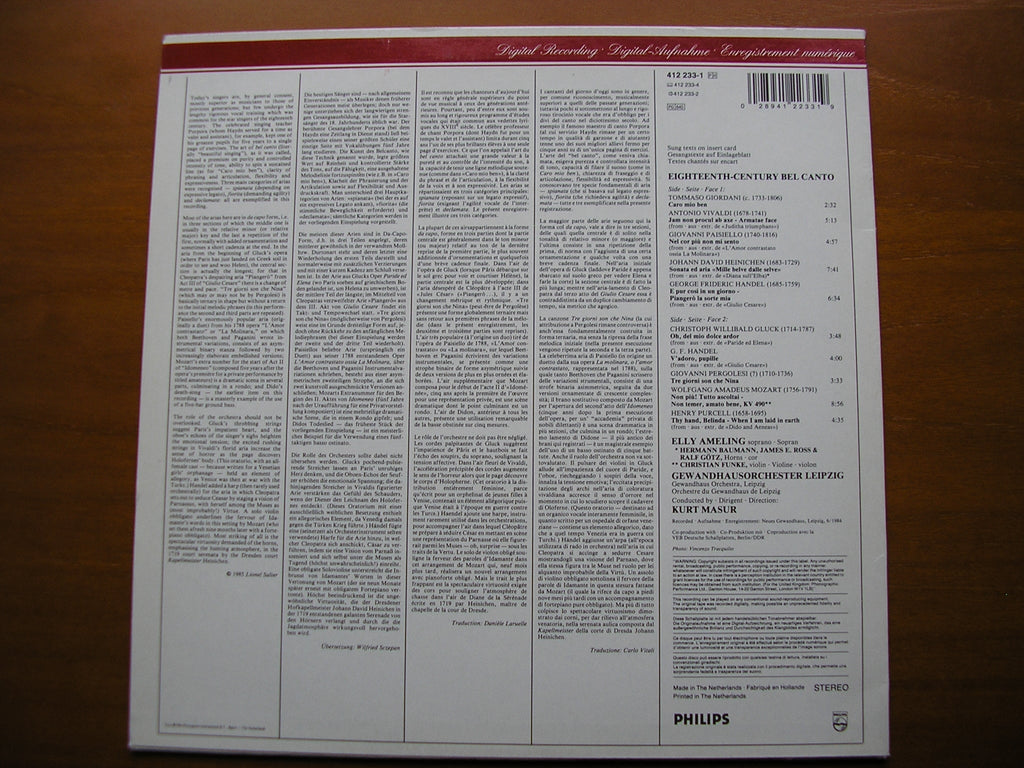 18th CENTURY ARIAS: GLUCK / HEINICHEN / PURCELL / MOZART / HANDEL / PAISIELLO / PERGOLESI / GIORDANI       AMELING / LEIPZIG GEWANDHAUS / MASUR     412 233