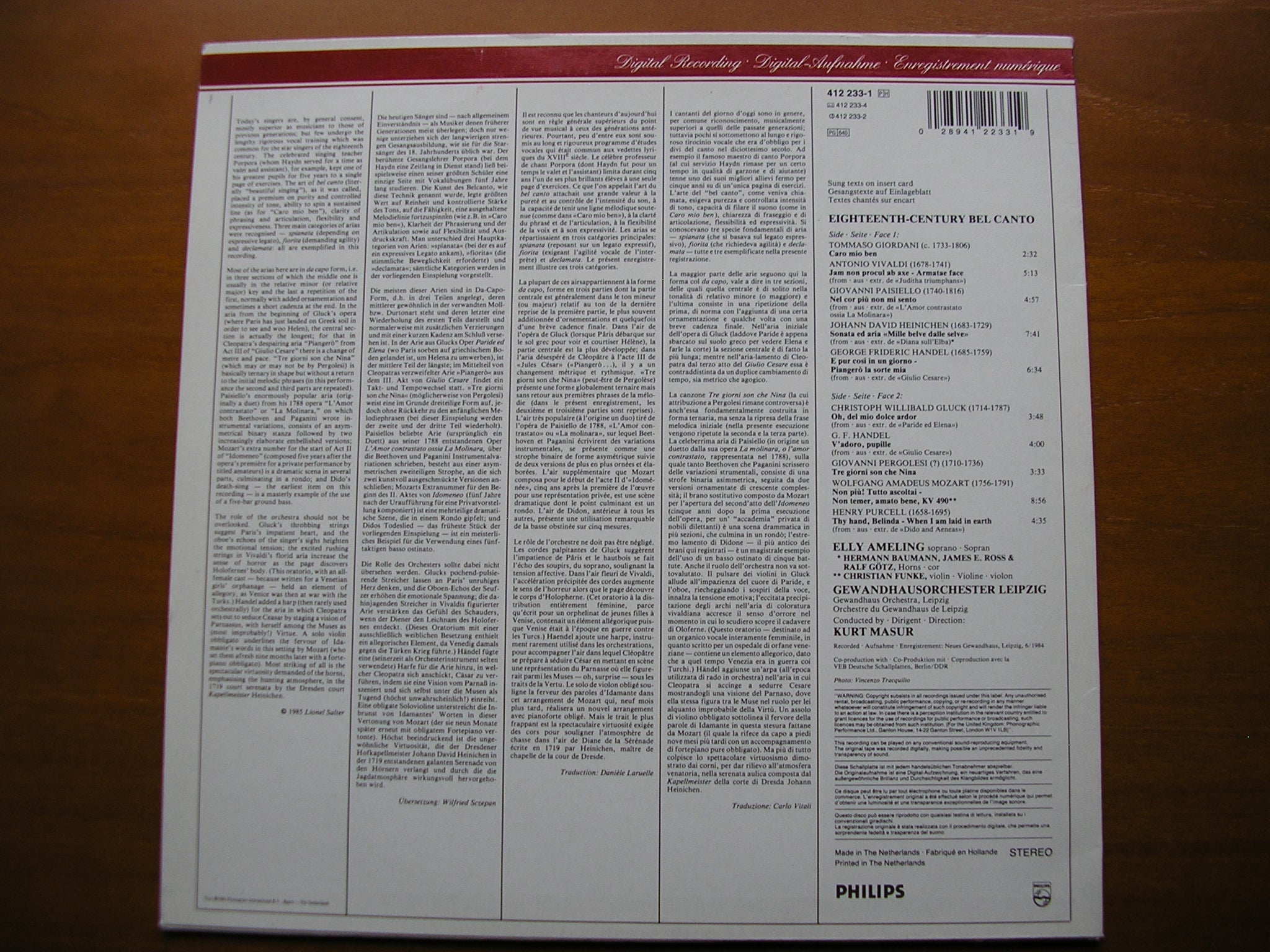 18th CENTURY ARIAS: GLUCK / HEINICHEN / PURCELL / MOZART / HANDEL / PAISIELLO / PERGOLESI / GIORDANI       AMELING / LEIPZIG GEWANDHAUS / MASUR     412 233