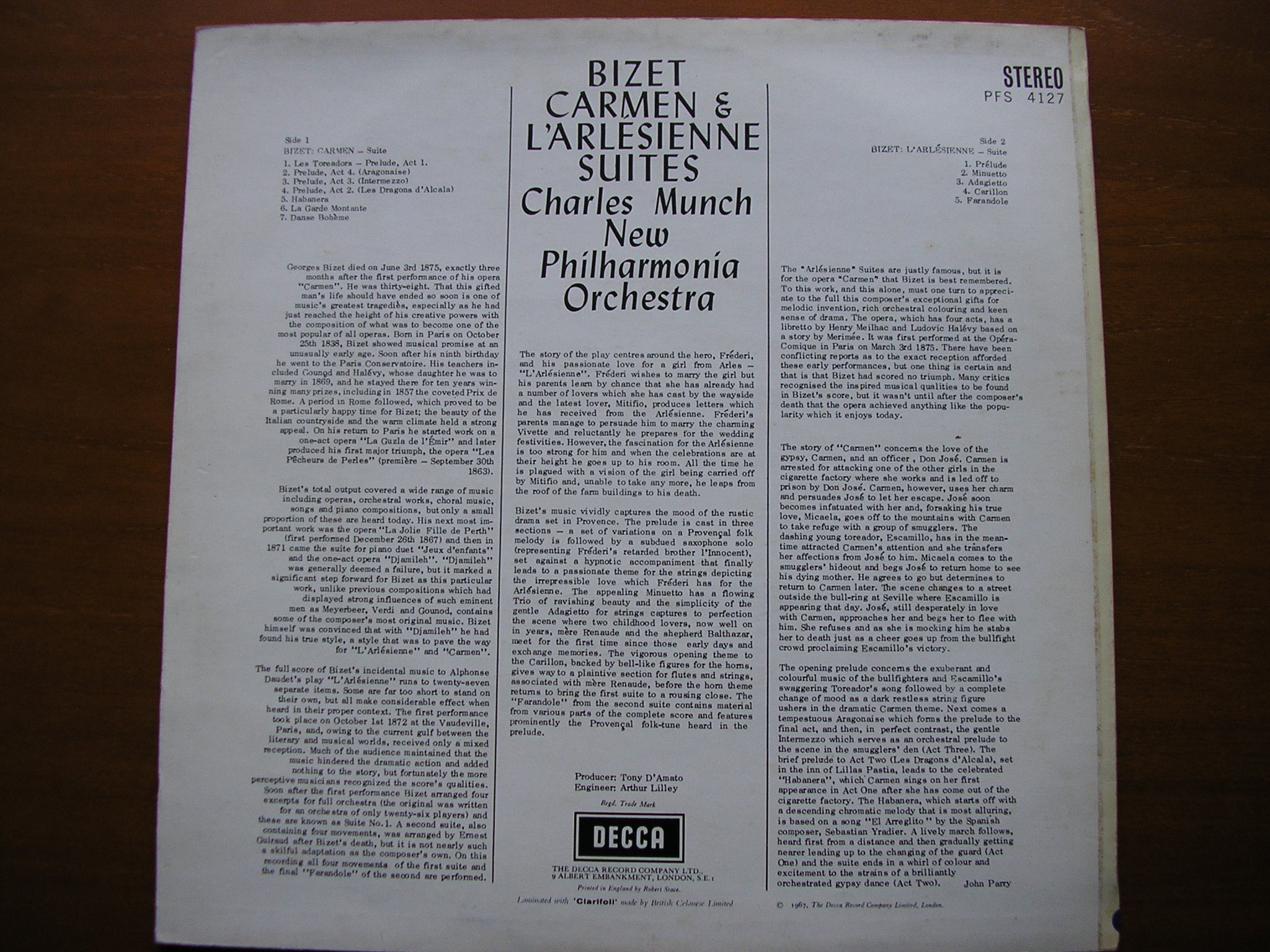 BIZET: L'ARLESIENNE Suite / CARMEN Suite    MUNCH / NEW PHILHARMONIA   PFS 4127