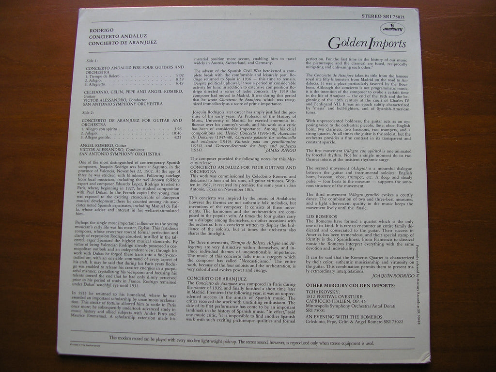 RODRIGO: CONCIERTO DE ARANJUEZ / CONCERTO ANDALUZ FOR 4 GUITARS    THE ROMEROS     SRI 75021