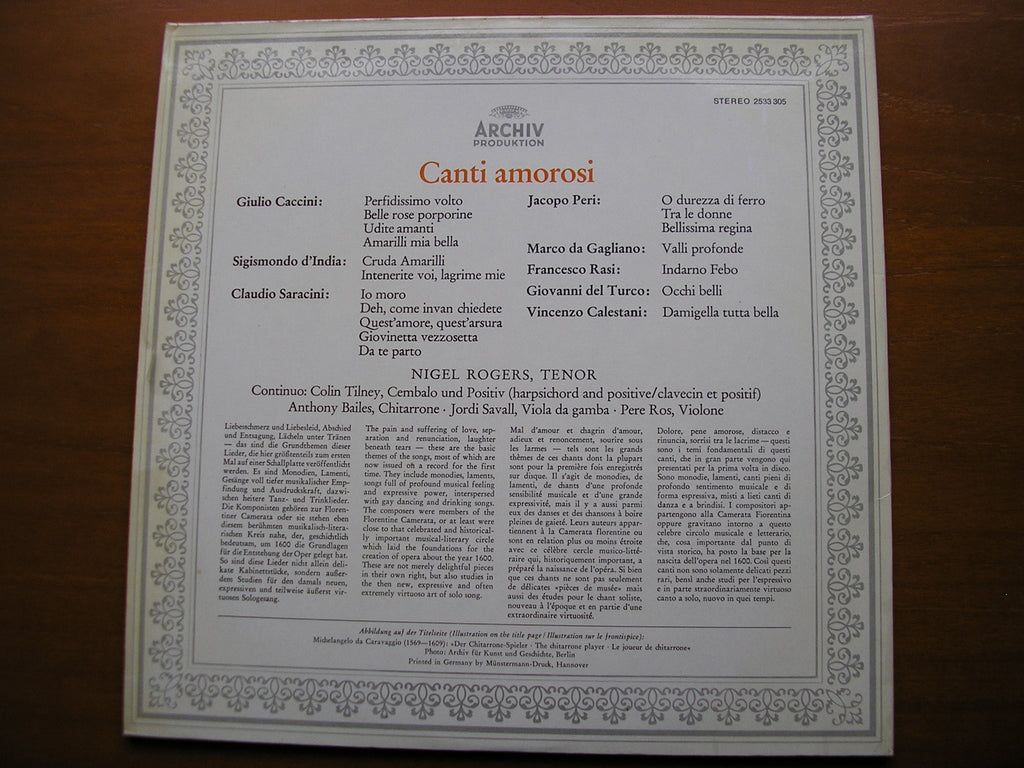 CANTI AMOROSI: CACCINI / PERI / DA GAGLIANO / SARACINI / CALESTANI / d'INDIA      NIGEL ROGERS    2533 305