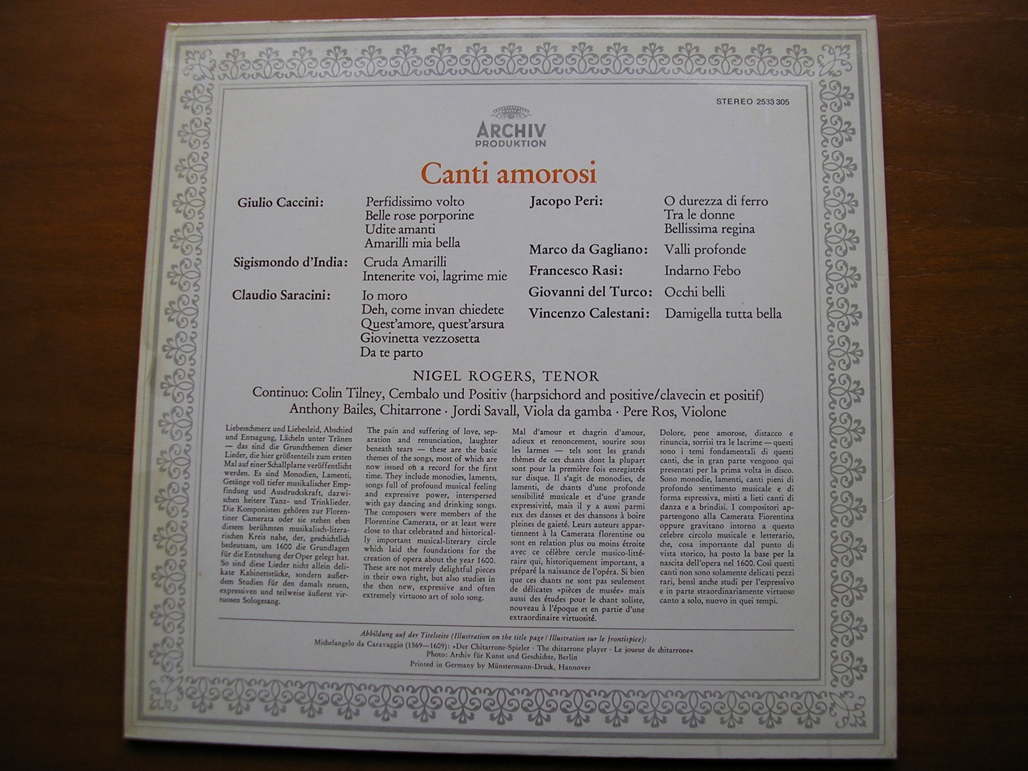 CANTI AMOROSI: CACCINI / PERI / DA GAGLIANO / SARACINI / CALESTANI / d'INDIA      NIGEL ROGERS    2533 305