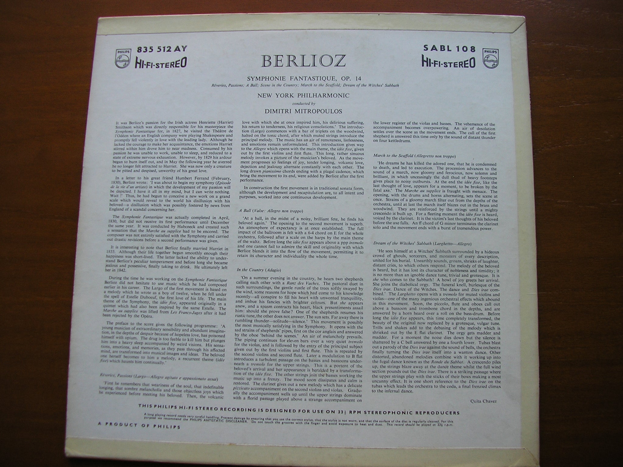 BERLIOZ: SYMPHONIE FANTASTIQUE   MITROPOULOS / NEW YORK PHILHARMONIC ORCHESTRA   SABL 108