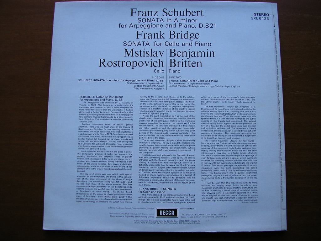 SXL 6426 SCHUBERT: ARPEGGIONE SONATA / BRIDGE: SONATA FOR CELLO & PIANO ROSTROPOVICH / BRITTEN