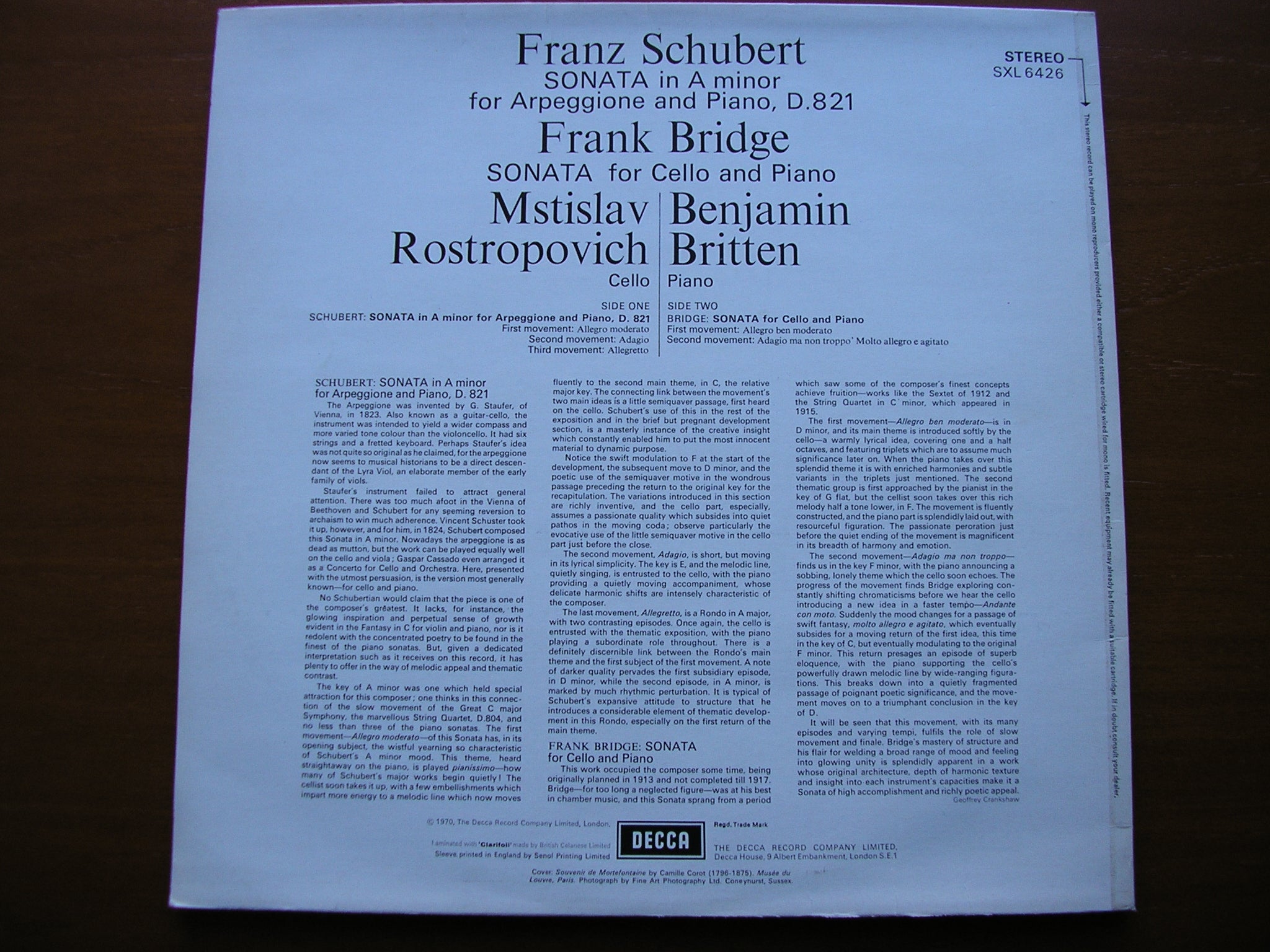 SXL 6426 SCHUBERT: ARPEGGIONE SONATA / BRIDGE: SONATA FOR CELLO & PIANO ROSTROPOVICH / BRITTEN
