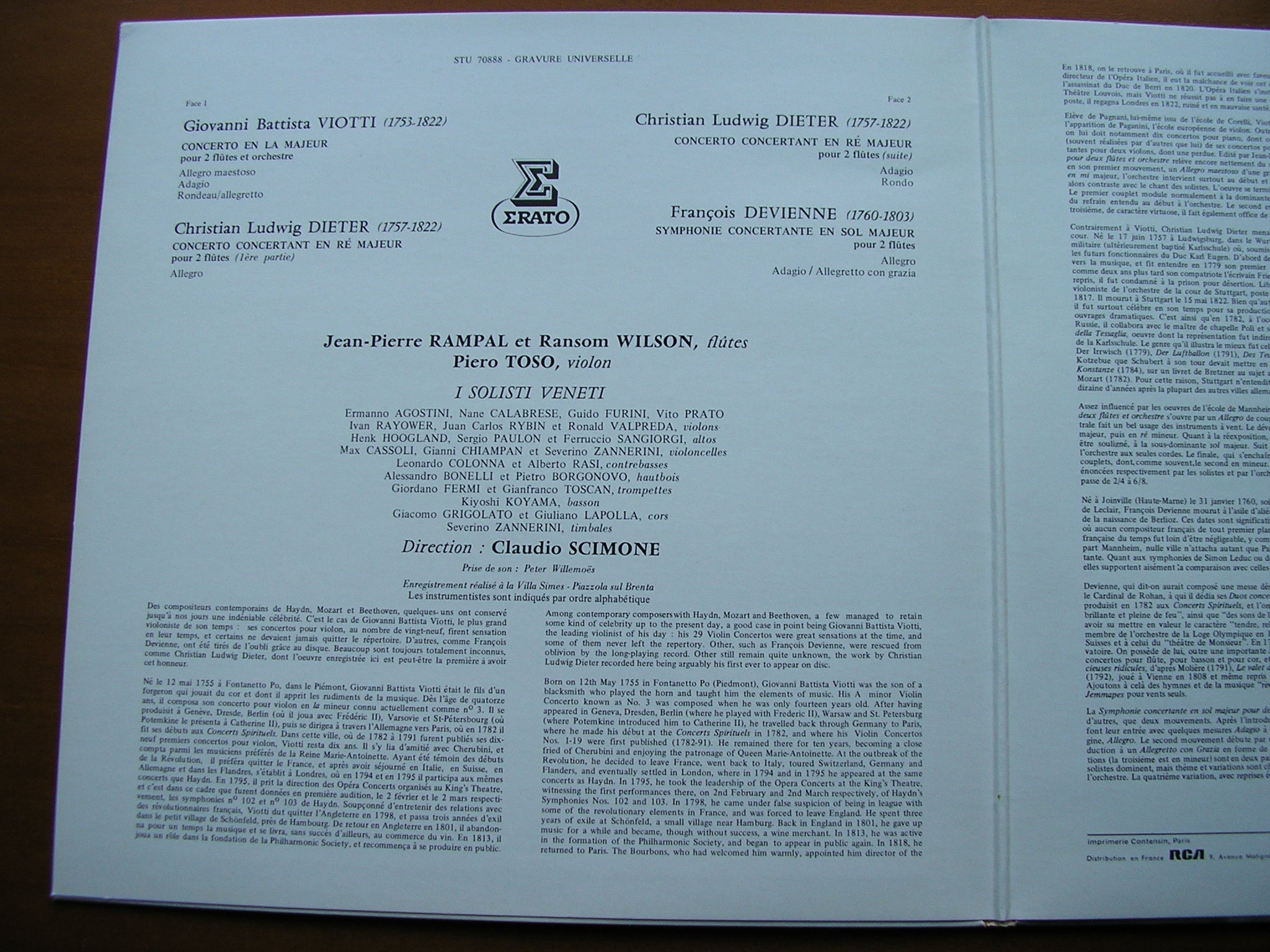 VIOTTI / DIETER / DEVIENNE: THREE CONCERTOS FOR TWO FLUTES      WILSON / RAMPAL / I SOLOISTI VENETI / SCIMONE     STU 70888
