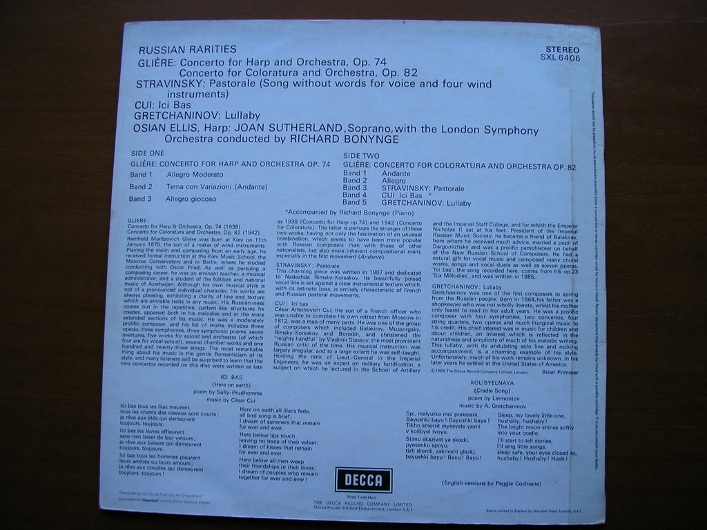 SXL 6406 RUSSIAN RARITIES: GLIERE / STRAVINSKY / GRETCHANINOV /CUI     SUTHERLAND / ELLIS / LONDON SYMPHONY / BONYNGE       ED3