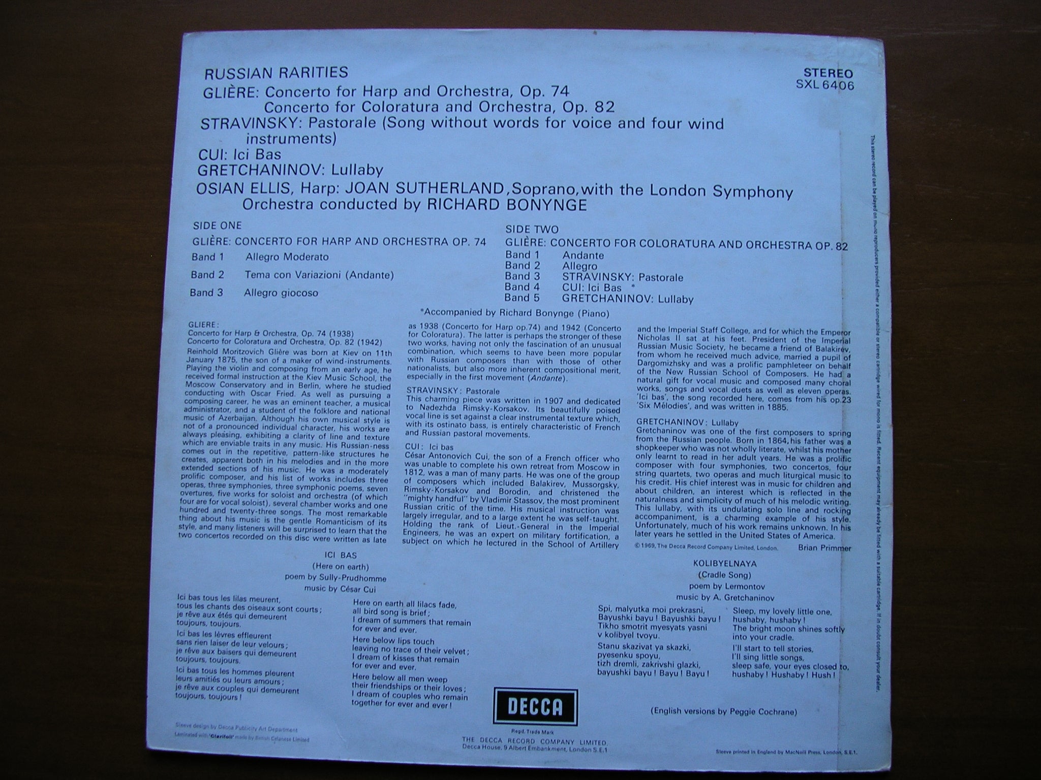 SXL 6406 RUSSIAN RARITIES: GLIERE / STRAVINSKY / GRETCHANINOV /CUI     SUTHERLAND / ELLIS / LONDON SYMPHONY / BONYNGE       ED3