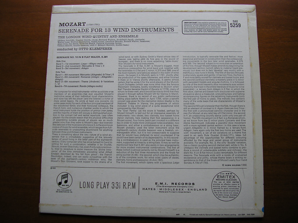 MOZART: SERENADE No. 10 FOR 13 WIND INSTRUMENTS K361     OTTO KLEMPERER / THE LONDON WIND QUINTET & ENSEMBLE    SAX 5259