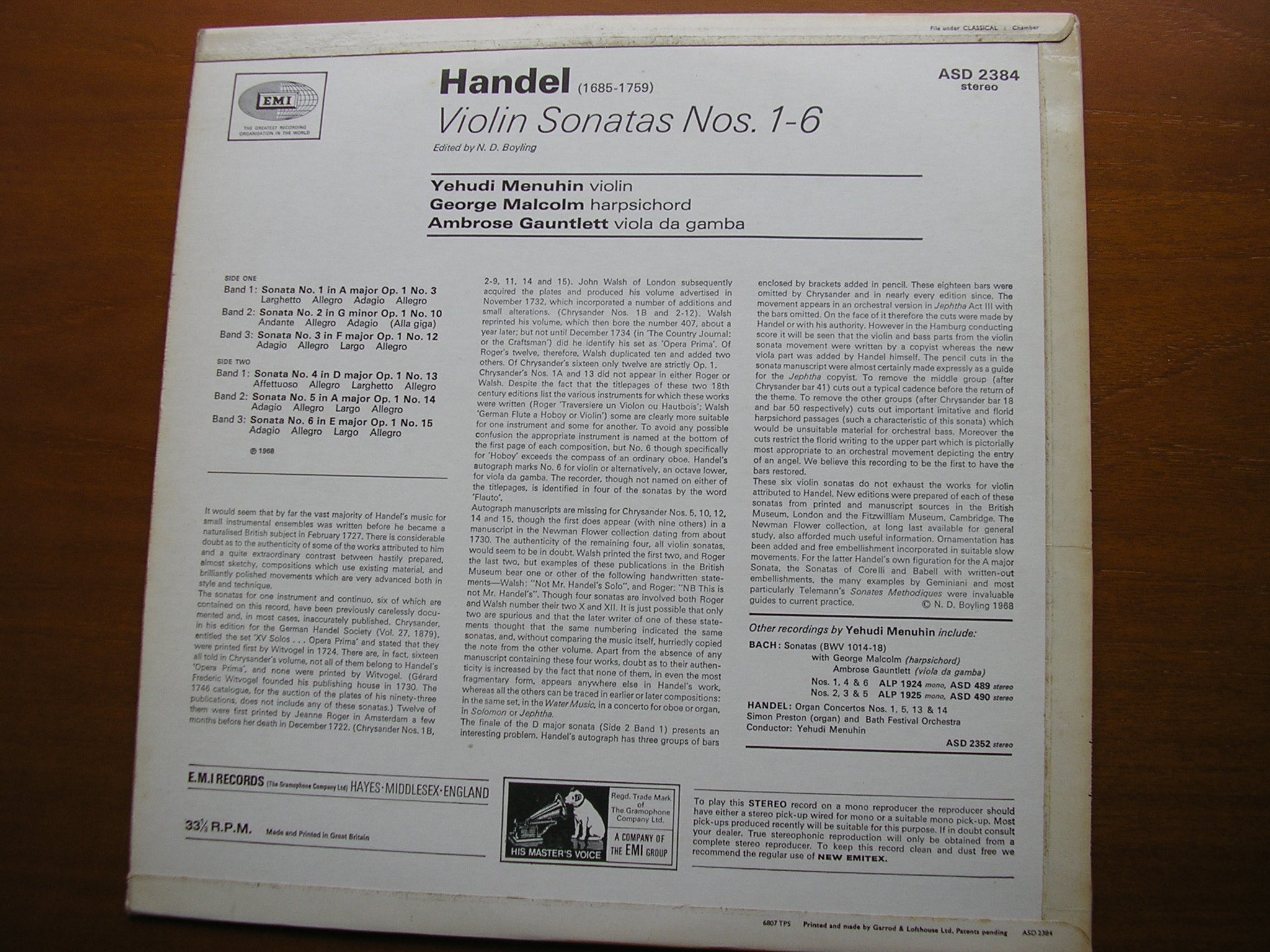 HANDEL: SIX SONATAS FOR VIOLIN / VIOLA DA GAMBA / HARPSICHORD   MENUHIN / GAUNTLETT / MALCOLM     ASD 2384