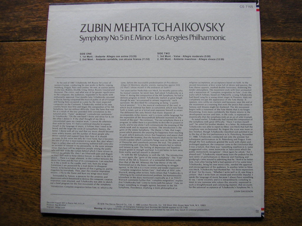 TCHAIKOVSKY: SYMPHONY No. 5   MEHTA / LOS ANGELES PHILHARMONIC   CS 7165