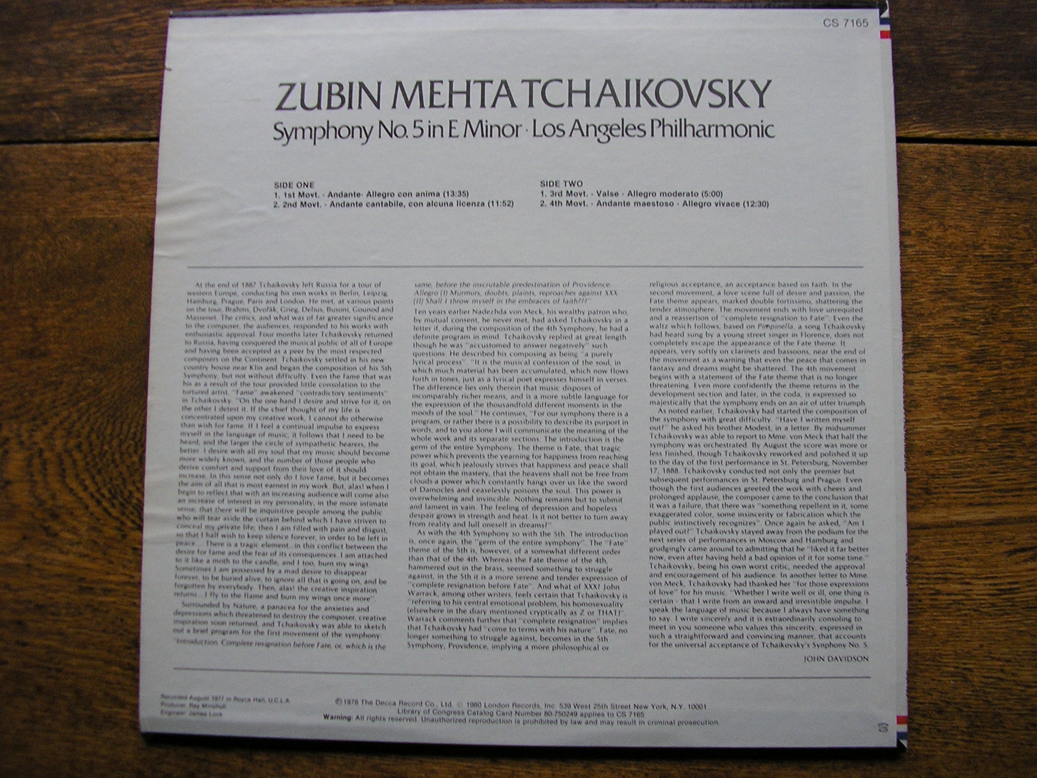 TCHAIKOVSKY: SYMPHONY No. 5   MEHTA / LOS ANGELES PHILHARMONIC   CS 7165