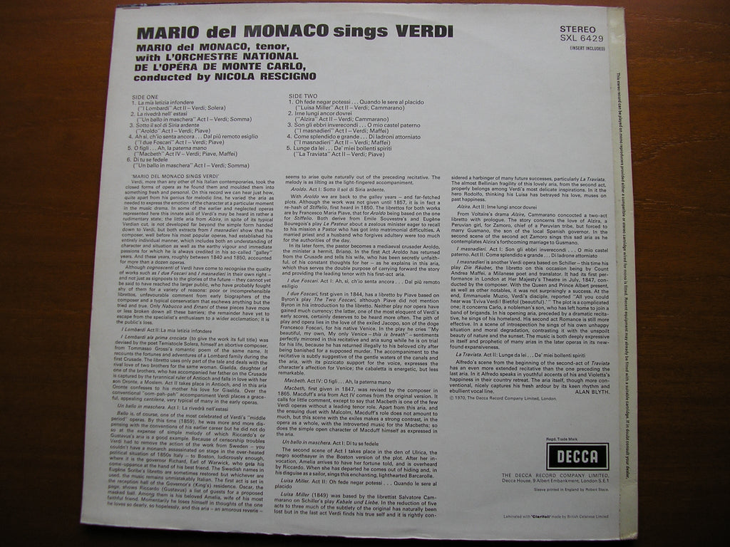 SXL 6429 MARIO DEL MONACO SINGS VERDI MONTE CARLO OPERA ORCHESTRA / RESCIGNO