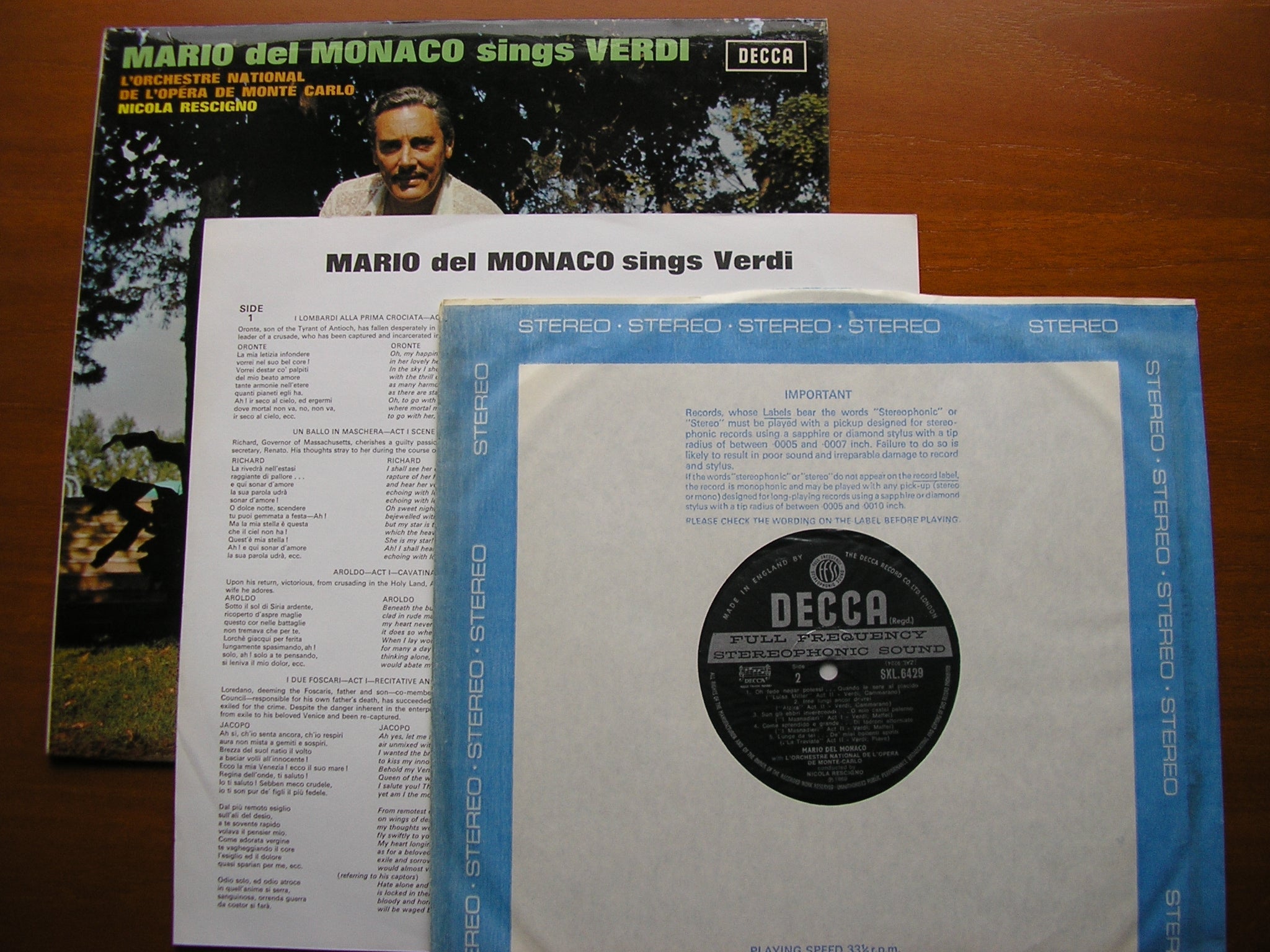 SXL 6429 MARIO DEL MONACO SINGS VERDI MONTE CARLO OPERA ORCHESTRA / RESCIGNO