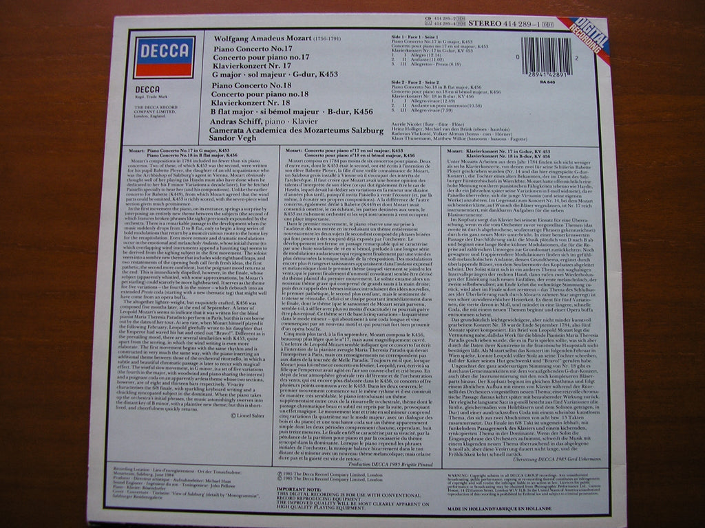MOZART: PIANO CONCERTOS Nos. 17 & 18     ANDRAS SCHIFF / CAMERATA ACADEMICA / SANDOR VEGH    414 289