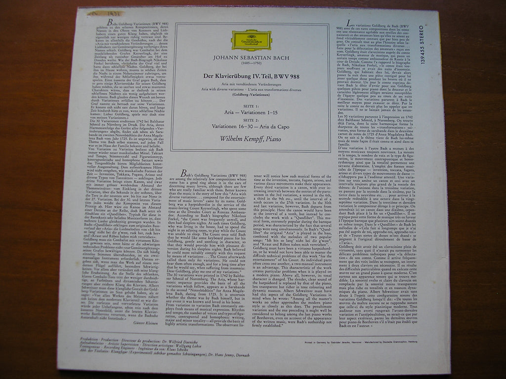 BACH: GOLDBERG VARIATIONS      WILHELM KEMPFF     139 455