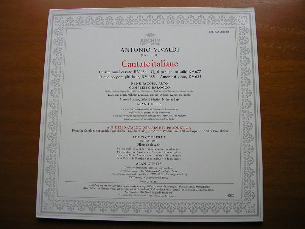 VIVALDI: CANTATE ITALIANE    RENE JACOBS / COMPLESSO BAROCCO / CURTIS     2533 385