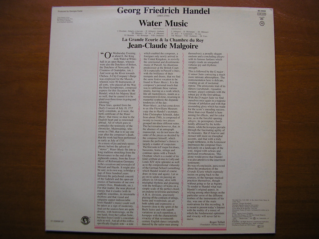 HANDEL: WATER MUSIC     MALGOIRE / LA GRANDE ECURIE ET LA CHAMBRE DU ROY    IM 39066