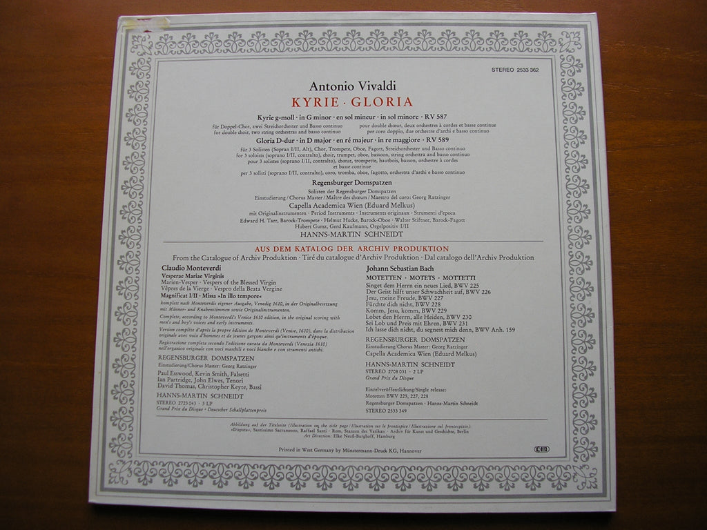 VIVALDI: KYRIE in G / GLORIA  in D      REGENSBURGER DOMSPATZEN / CAPELLA ACADEMICA VIENNA / SCHNEIDT     2533 362