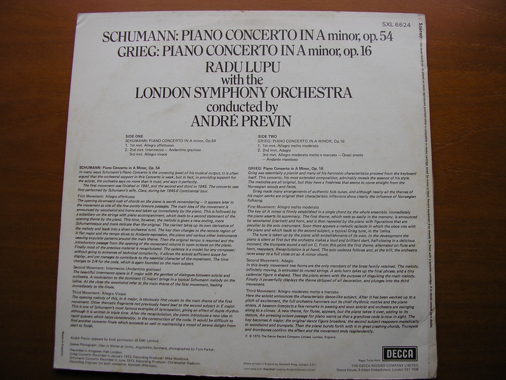GRIEG: PIANO CONCERTO / SCHUMANN: PIANO CONCERTO      LUPU / LSO / ANDRE PREVIN      SXL 6624