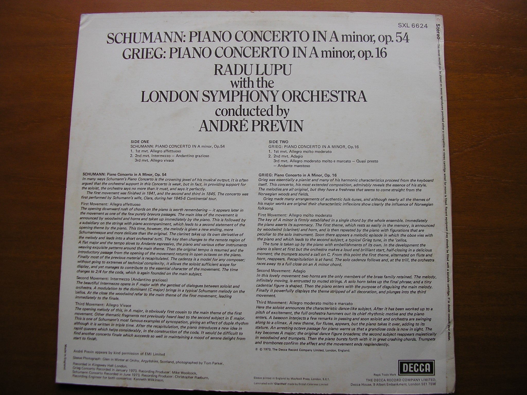 GRIEG: PIANO CONCERTO / SCHUMANN: PIANO CONCERTO      LUPU / LSO / ANDRE PREVIN      SXL 6624