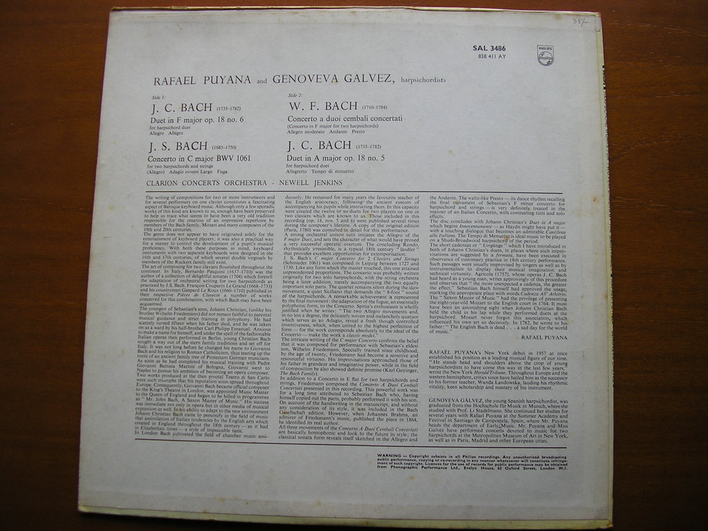 BACH JS / JC / WF: HARPSICHORD CONCERTOS & DUETS   PUYANA / GALVEZ / CLARION CONCERTS ORCHESTRA / JENKINS    SAL 3486